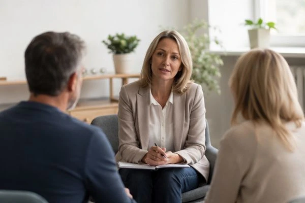 Couple discussing financial arrangement , pensions in divorce Cornwall